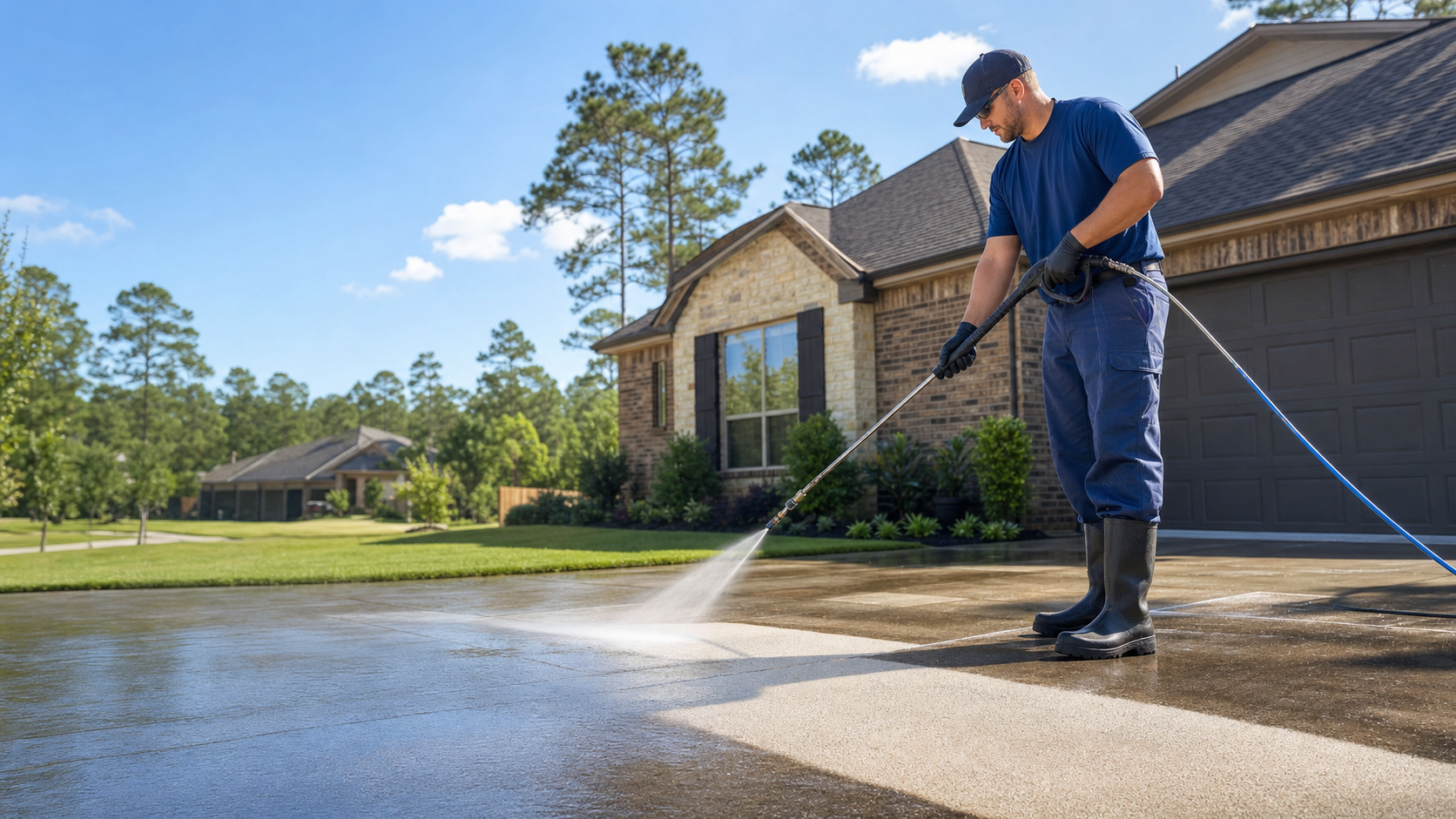 Professional pressure washing technician cleaning a driveway in East Texas